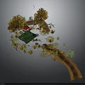 Autumn Outdoor Landscape Design With Colorful Trees Green Lawn Small Red Cabin And Winding Pathway