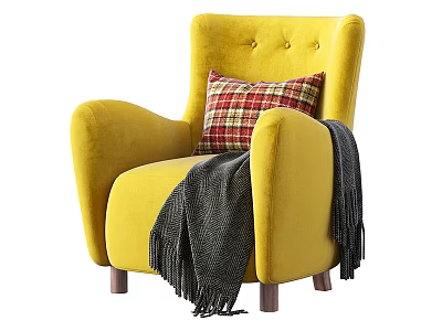 Yellow Armchair with Plaid Pillow and Gray Blanket on Wooden Legs 3d model
