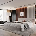 Modern Bedroom Interior Design With Comfortable Bed Wooden Wall And Decorative Elements 3d model