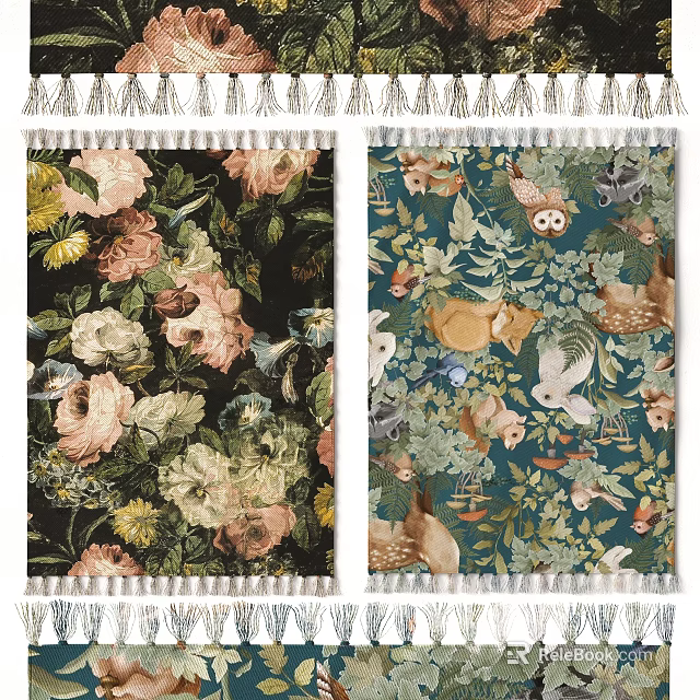 Floral and Animal Patterns Square Rug with Tassel Trim in Dark and Teal Backgrounds 3d model 