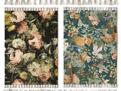 Floral and Animal Patterns Square Rug with Tassel Trim in Dark and Teal Backgrounds 3d model