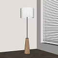 Modern Minimalist Floor Lamp With White Lampshade Wooden Base And Sunlight Shadows From Blinds