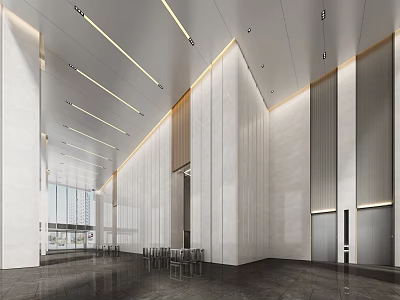 Modern Front Desk Reception With High Ceiling Marble Walls Recessed Lighting Waiting Chairs And Elevators 3d model