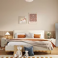 Modern Bedroom Interior with Double Bed Beige Headboard Orange Grey Pillows and Wall Art