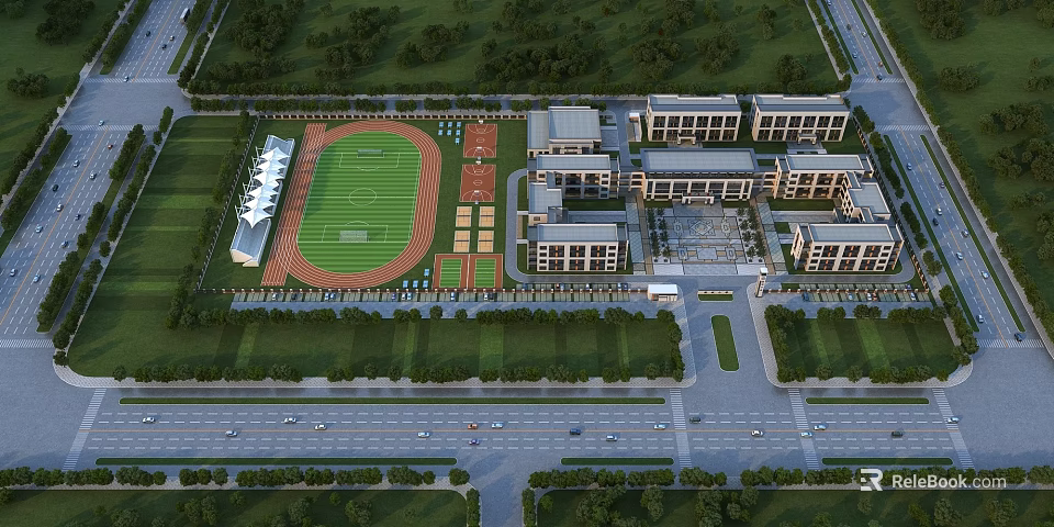 Spacious School Campus With Classroom Buildings Football Field Running Track Green Spaces And Front Road 3d model 