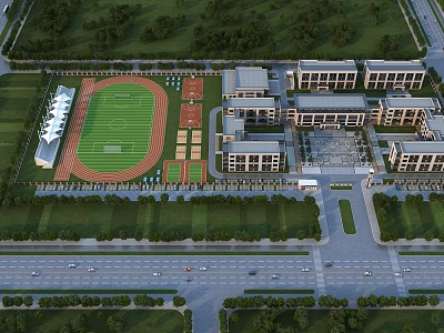 Spacious School Campus With Classroom Buildings Football Field Running Track Green Spaces And Front Road 3d model