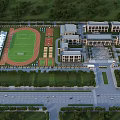 Spacious School Campus With Classroom Buildings Football Field Running Track Green Spaces And Front Road