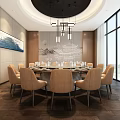 Elegant Private Dining Room With Round Table Beige Chairs Chandeliers And Large Windows 3d model