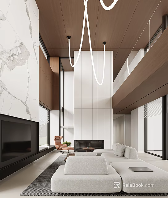 Modern Living Dining Room Interior With Open Layout Sofa Fireplace Marble Wall And Wooden Ceiling 3d model 