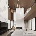 Modern Living Dining Room Interior With Open Layout Sofa Fireplace Marble Wall And Wooden Ceiling