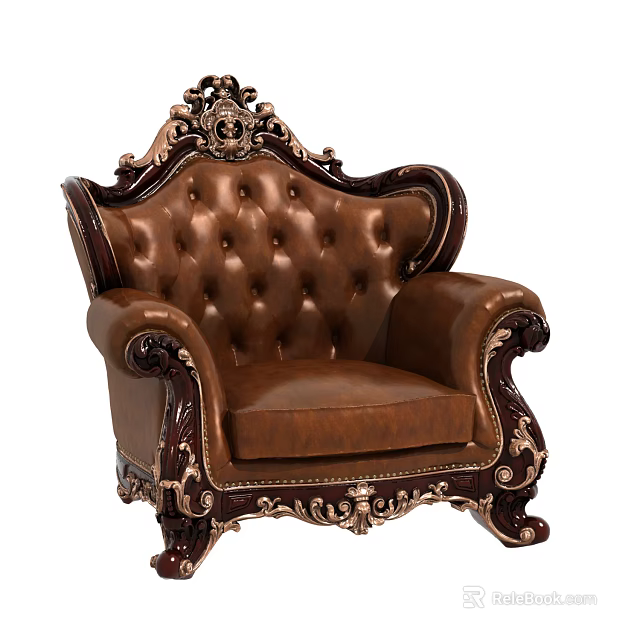 Classic Style Leather Armchair With Ornate Carvings And Wooden Frame 3d model 