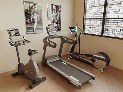 Modern Fitness Equipment Including Stationary Bike Treadmill And Elliptical In Room With Windows And Fitness Posters 3d model