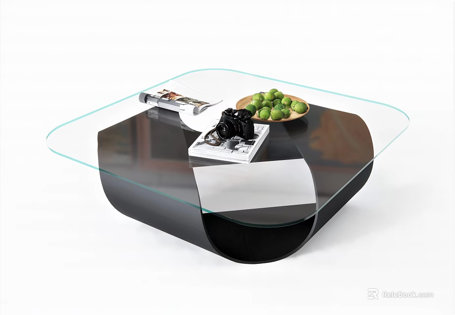 Modern Glass Top Coffee Table With Black Base Magazine And Green Fruit Bowl 3d model 