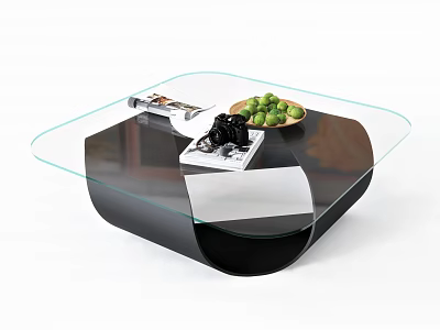 Modern Glass Top Coffee Table With Black Base Magazine And Green Fruit Bowl 3d model