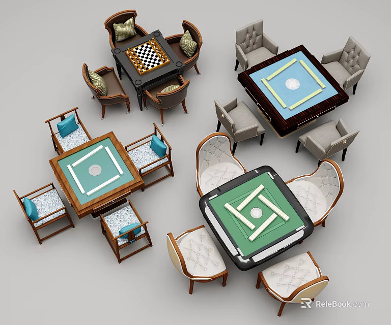 Stylish Sofa And Coffee Table Set With Chessboard Pattern Green Blue Tabletops And Matching Chairs 3d model 