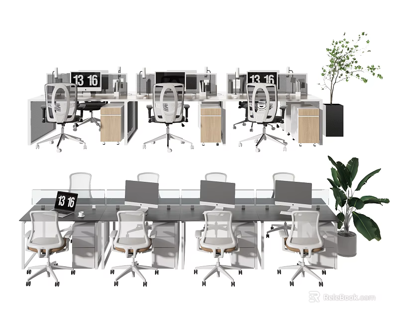 Modern Office Workspace With Multiple Desks Computer Monitors Chairs And Potted Plants 3d model