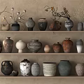 Decorative Ceramic Vessels With Various Designs Shapes And Colors Displayed On Shelves