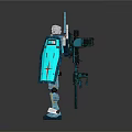 Blue And Gray Robot Character In 3D Model With Mechanical Armor And Arm Weapon
