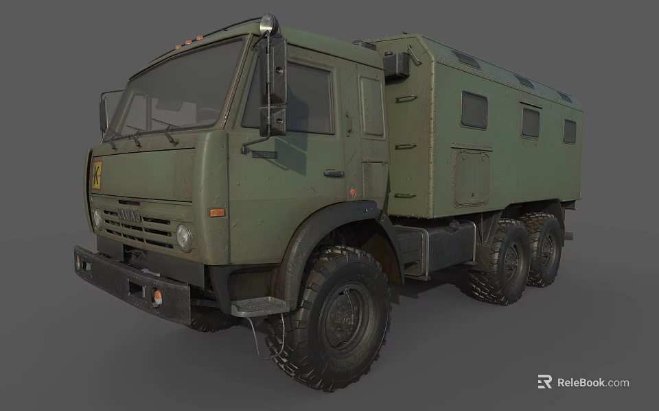 Military Green Utility Truck With Off Road Tires And Cargo Compartment 3d model 