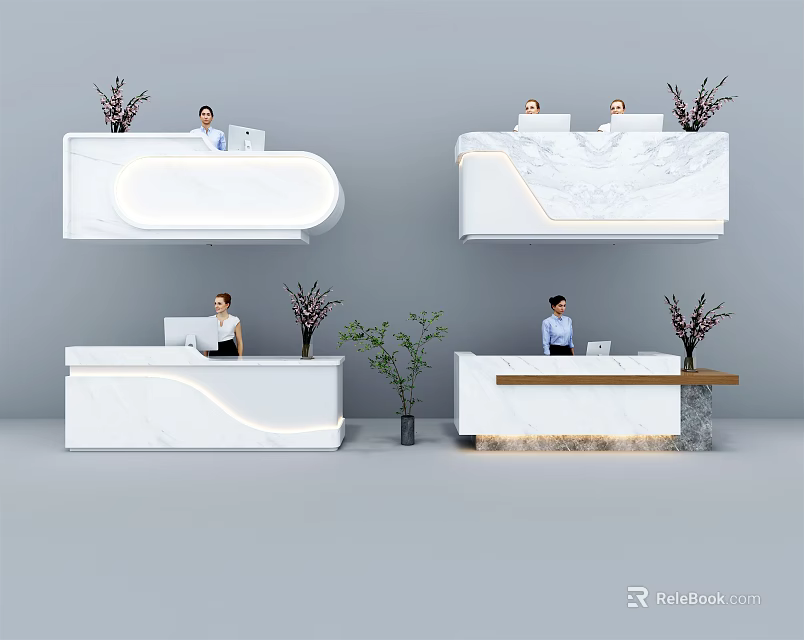 Modern Reception Desk Designs With Marble Surface Plant Decor And Staff 3d model