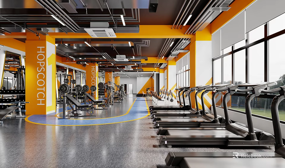 Modern Gym Interior With Fitness Equipment And Treadmills 3d model 