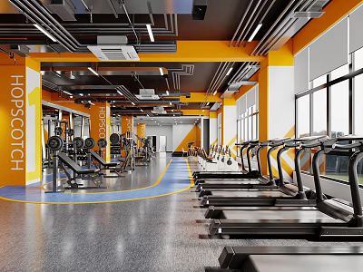 Modern Gym Interior With Fitness Equipment And Treadmills 3d model