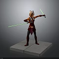 Red Outfit Warrior Character With Headpiece Holding Green Lightsabers Standing On Platform