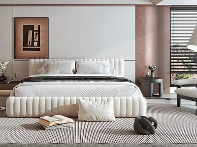 Modern Bedroom Interior Design With Large Bed White Bedding Decorative Art Rug Nightstand And Blinds 3d model