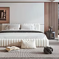 Modern Bedroom Interior Design With Large Bed White Bedding Decorative Art Rug Nightstand And Blinds