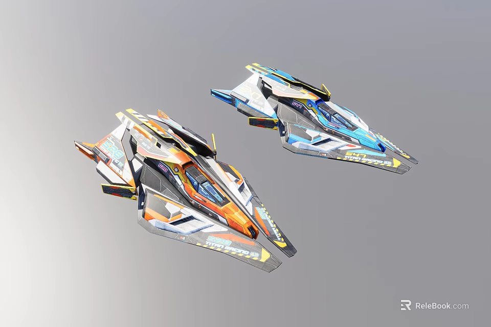 Futuristic Detailed Cosmic Spacecraft With Two Sleek Aerodynamic Orange And Blue Designs 3d model 