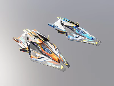 Futuristic Detailed Cosmic Spacecraft With Two Sleek Aerodynamic Orange And Blue Designs 3d model