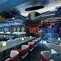 Modern Restaurant Featuring Long Tables Red Gray Chairs Unique Ceiling Decor And Circular Wall Art 3d model