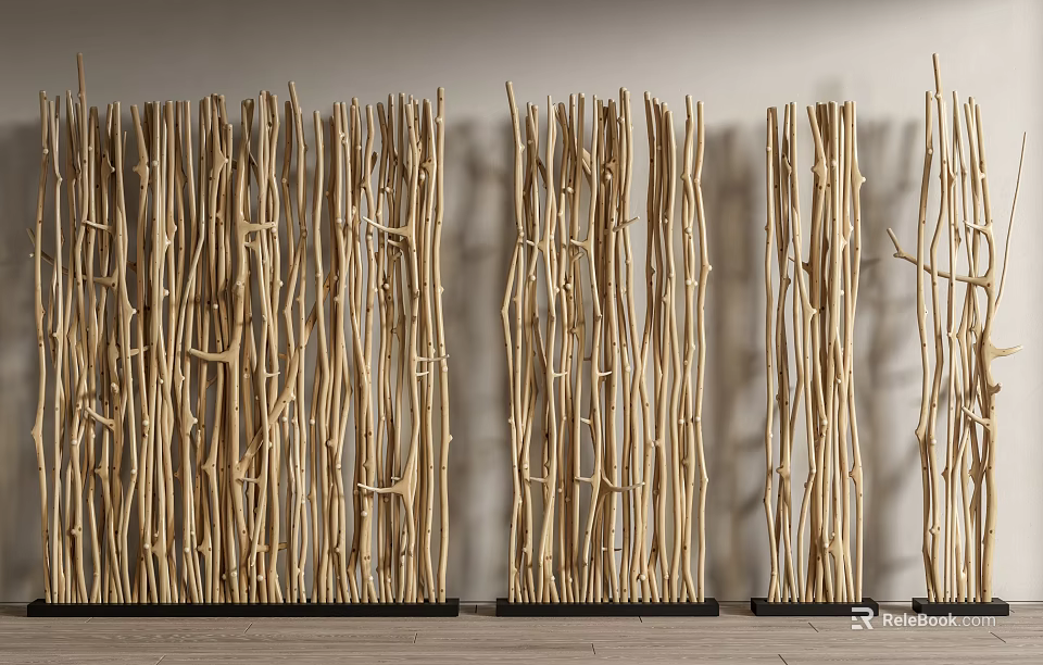 Natural Wooden Room Divider With Slender Sticks For Home Interior Decoration 3d model 
