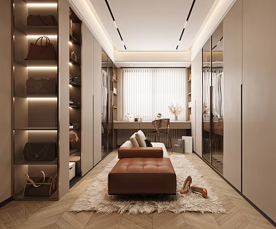 Modern Walk In Closet Interior With Bags Bench And Mirrors 3d model