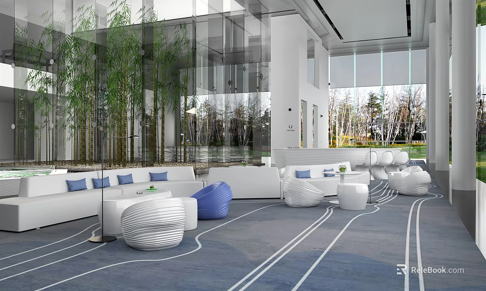 Modern Front Desk Reception Area With Comfortable Seating And Glass Decor Elements 3d model 