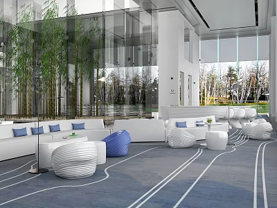 Modern Front Desk Reception Area With Comfortable Seating And Glass Decor Elements 3d model