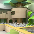 Indoor Playground Equipment with Wooden Structure Green Slide and White Ball Pit Tree like Decoration