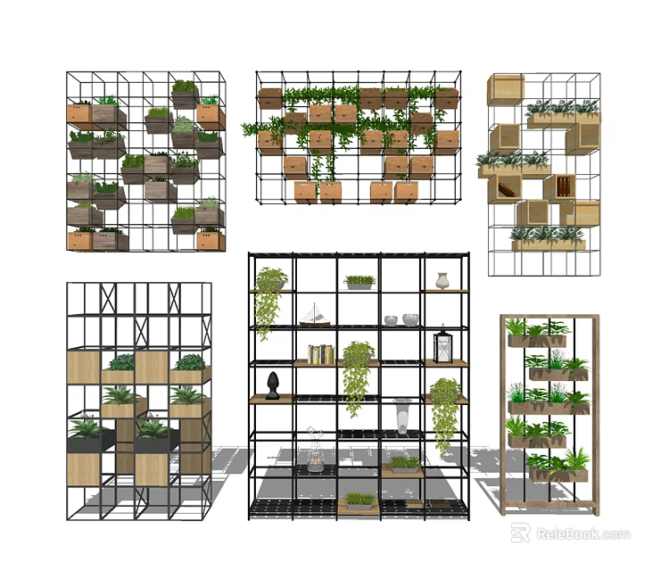 Modern Metal Frame Shelving Units With Wooden Shelves And Decorative Plants 3d model 