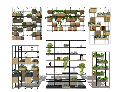 Modern Metal Frame Shelving Units With Wooden Shelves And Decorative Plants 3d model