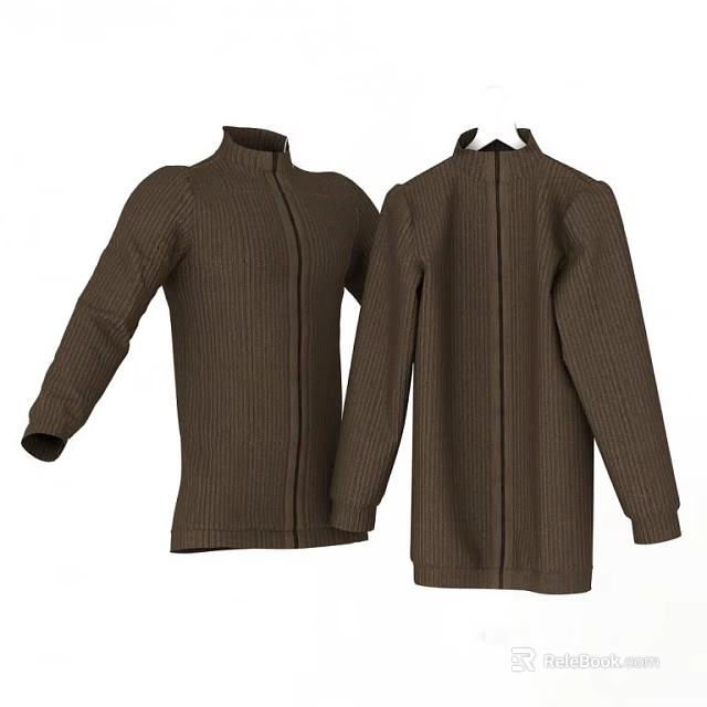 Brown Knitted Jacket With Stand Collar Long Sleeves And Front Back View 3d model 