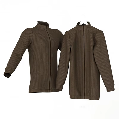 Brown Knitted Jacket With Stand Collar Long Sleeves And Front Back View 3d model