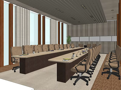 Spacious Conference Room With Long Table Multiple Chairs Large Windows And Ceiling Lights 3d model