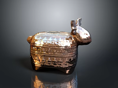 Intricate Copper Sheep Sculpture With Detailed Textured Surface And Reflective Base 3d model