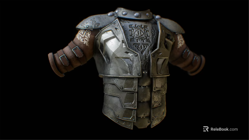 Detailed Medieval Metal Armor Featuring Decorative Patterns And Leather Shoulder Straps 3d model
