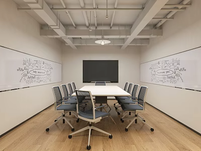 Modern Conference Room Interior with Whiteboards Diagrams Meeting Table Chairs and Wooden Floor 3d model