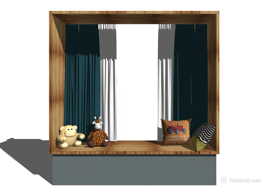 Cozy Bay Window Nook With Wooden Frame Curtains Stuffed Toys And Throw Pillows 3d model 