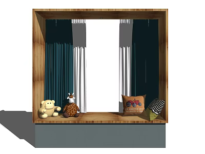 Cozy Bay Window Nook With Wooden Frame Curtains Stuffed Toys And Throw Pillows 3d model