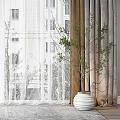 Grey And Beige Curtains With White Sheer By Window Building View Indoor Plant And Rug