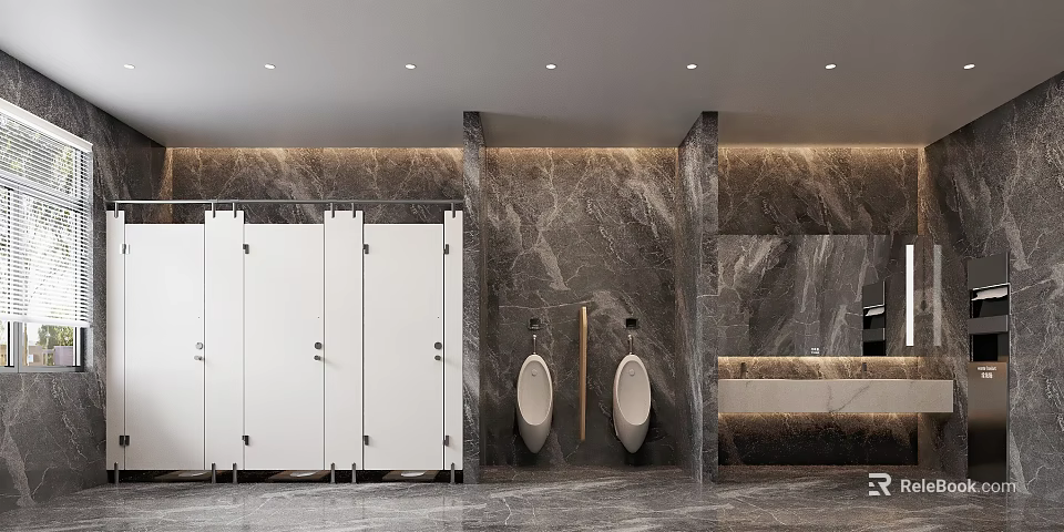 Modern Public Restroom Design With White Cubicles Marble Walls Urinals And Washbasin Area 3d model 