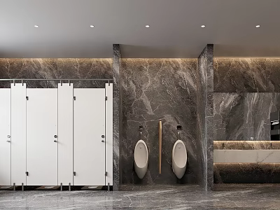 Modern Public Restroom Design With White Cubicles Marble Walls Urinals And Washbasin Area 3d model